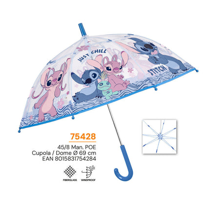 Paraguas transparente Stitch Disney con mango azul y estampado multicolor