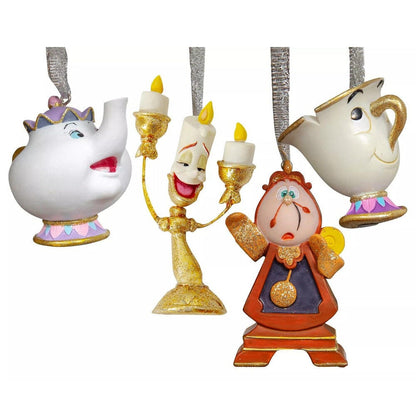 Set de cuatro adornos navideños Disney de La Bella y la Bestia