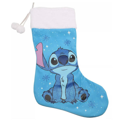 Calcetín de Navidad azul con Stitch Disney, copos de nieve y puño blanco