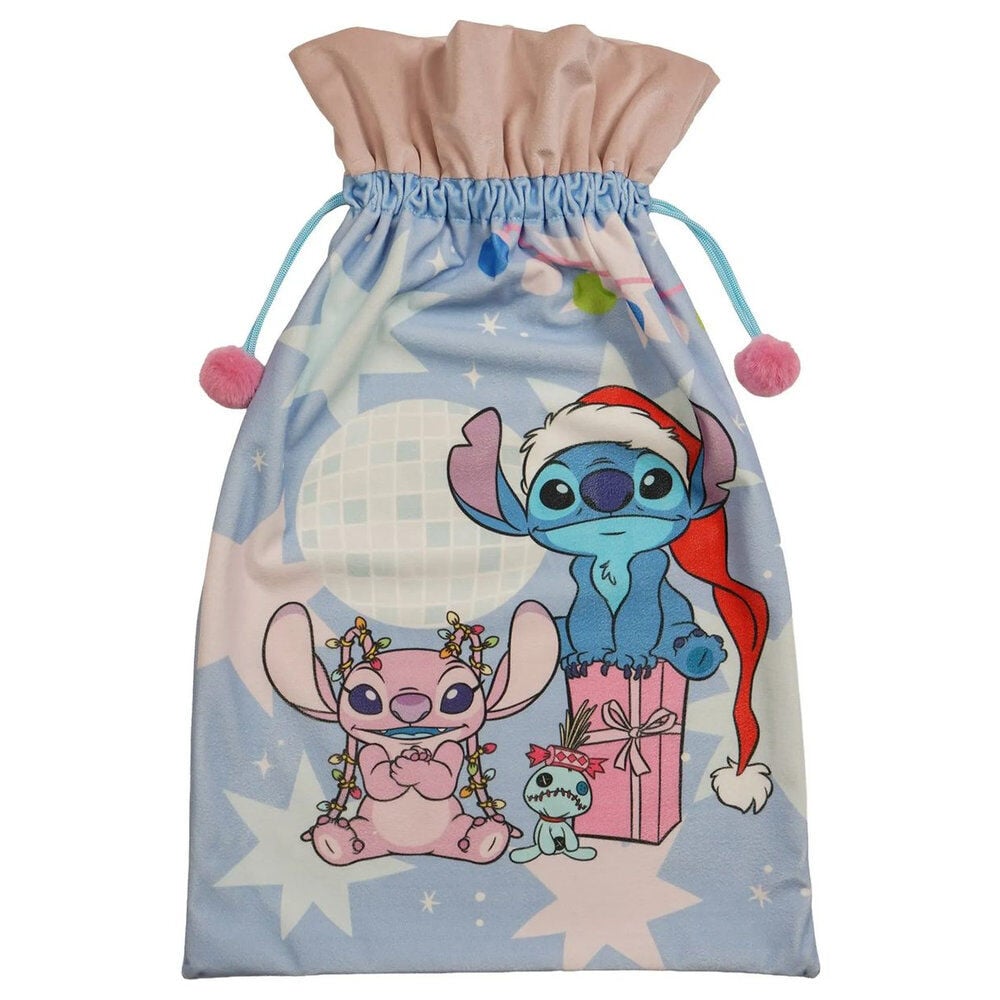 Saco de Navidad Stitch Disney azul con estrellas, regalos y pompones rosas