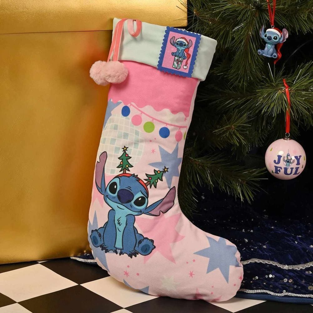 Calcetín navideño rosa de Stitch Disney con estampado festivo