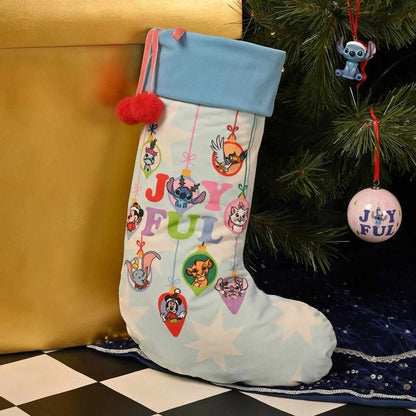 Calcetín de Navidad Disney con personajes, letras JOYFUL y pompón rojo