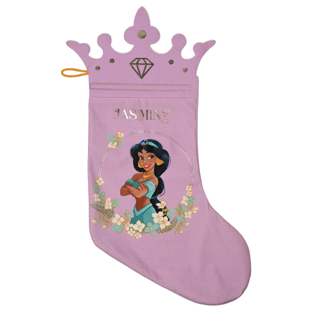 Calcetín navideño lila de Jasmine Disney Aladdin con corona y flores