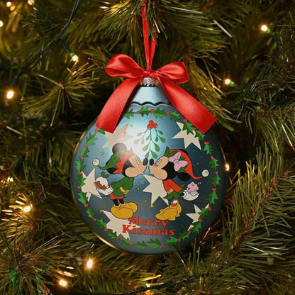 Bola de Navidad Disney con Mickey y Minnie, lazo rojo y motivos navideños