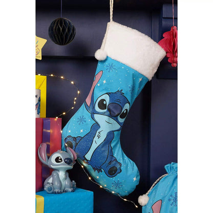 Calcetín de Navidad azul con Stitch Disney, copos de nieve y puño blanco - 3