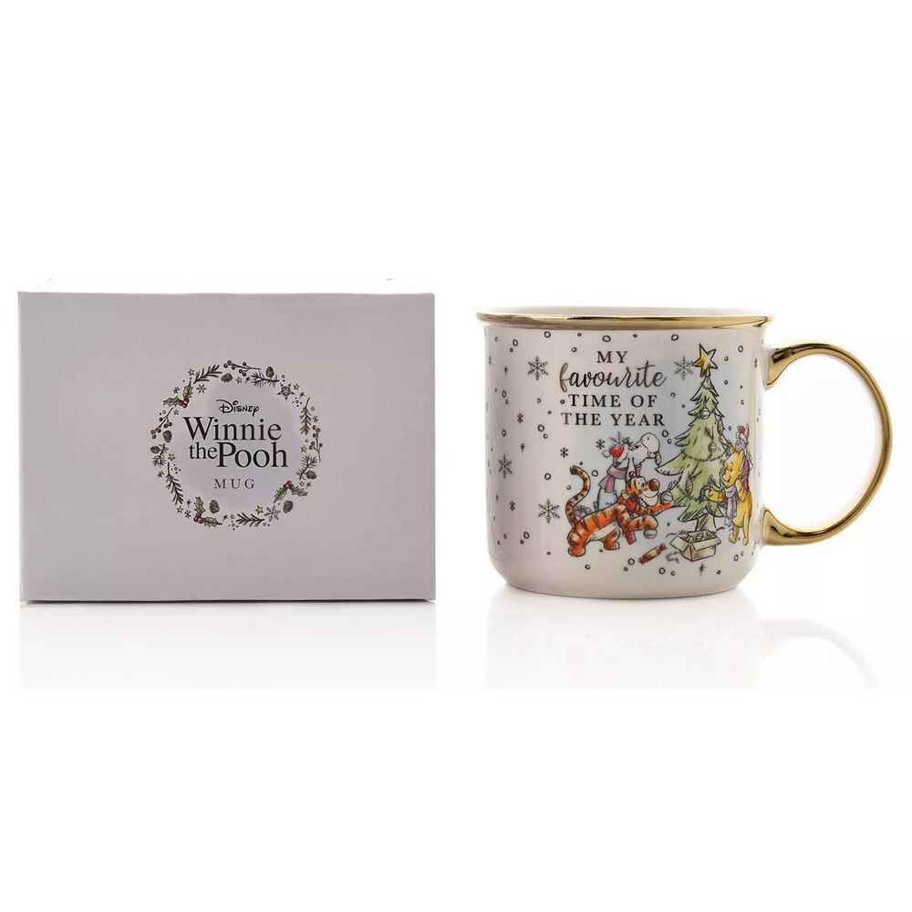 Taza blanca de Winnie the Pooh Disney con diseño navideño y detalles dorados - 2