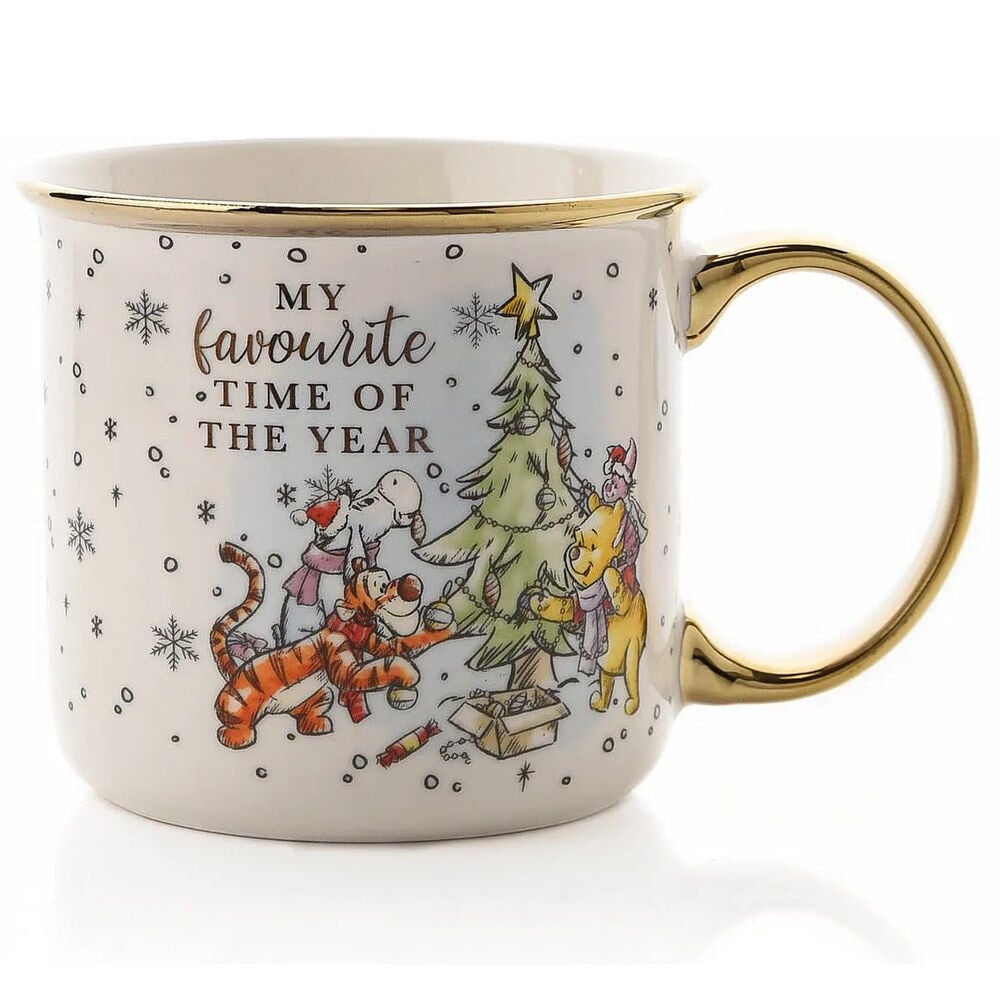 Taza blanca de Winnie the Pooh Disney con diseño navideño y detalles dorados