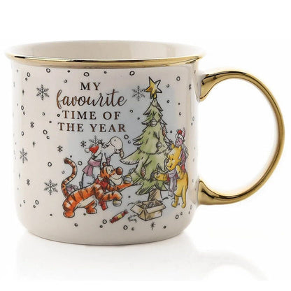 Taza blanca de Winnie the Pooh Disney con diseño navideño y detalles dorados
