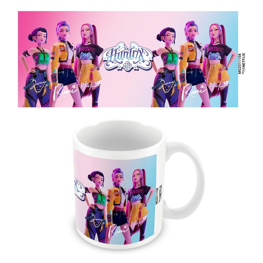 Taza blanca de cerámica Huntrix K-Pop Demon Hunters con diseño rosa y azul