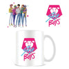 Taza blanca Saja Boys de KPop Demon Hunters con logotipo rosa y azul