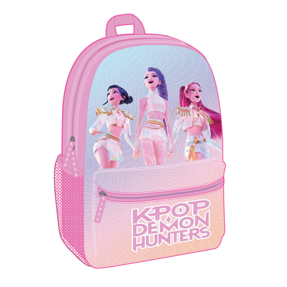 Mochila rosa KPop Demon Hunters con tres personajes