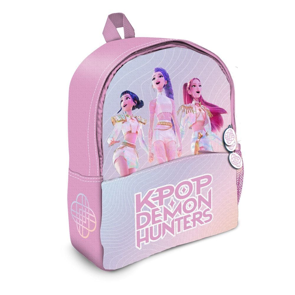 Mochila rosa y lila de Kpop Demon Hunters con tres personajes