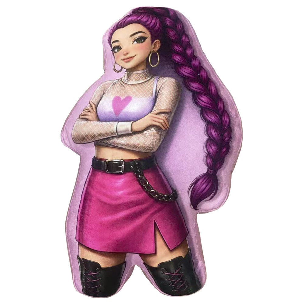 Cojín 3D K-Pop con figura ilustrada en tonos morados y rosas