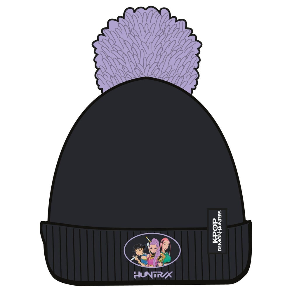 Gorro negro de KPop Demon Hunters con pompón lila e ilustración de HUNTR/X