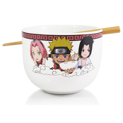 Bowl blanco de Naruto Shippuden con Naruto, Sakura, Sasuke y palillos