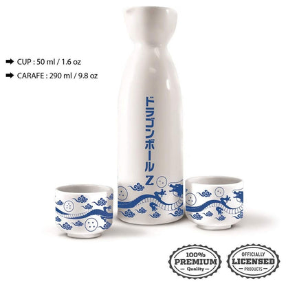Set de sake Dragon Ball con jarra y dos vasos de cerámica blancos y azules - 3
