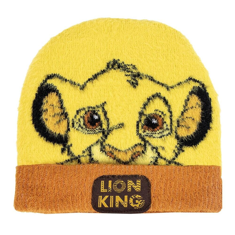 Gorro amarillo de El Rey León con ilustración de cachorro de león
