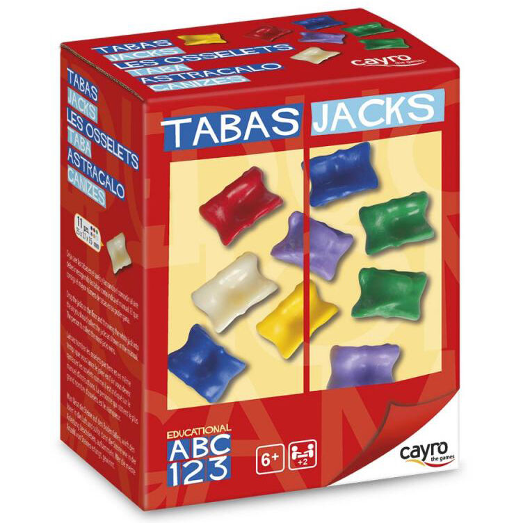 Caja roja del juego de tabas CAYRO con piezas de colores