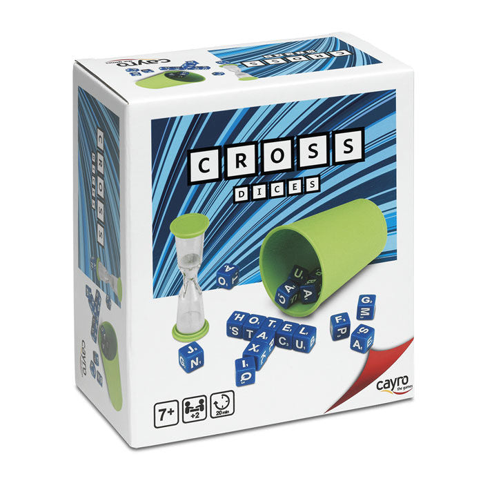 Juego Cross Dices de Cayro con dados de letras, cubilete y reloj de arena