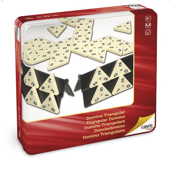 Dominó triangular CAYRO con fichas numeradas y caja metálica roja