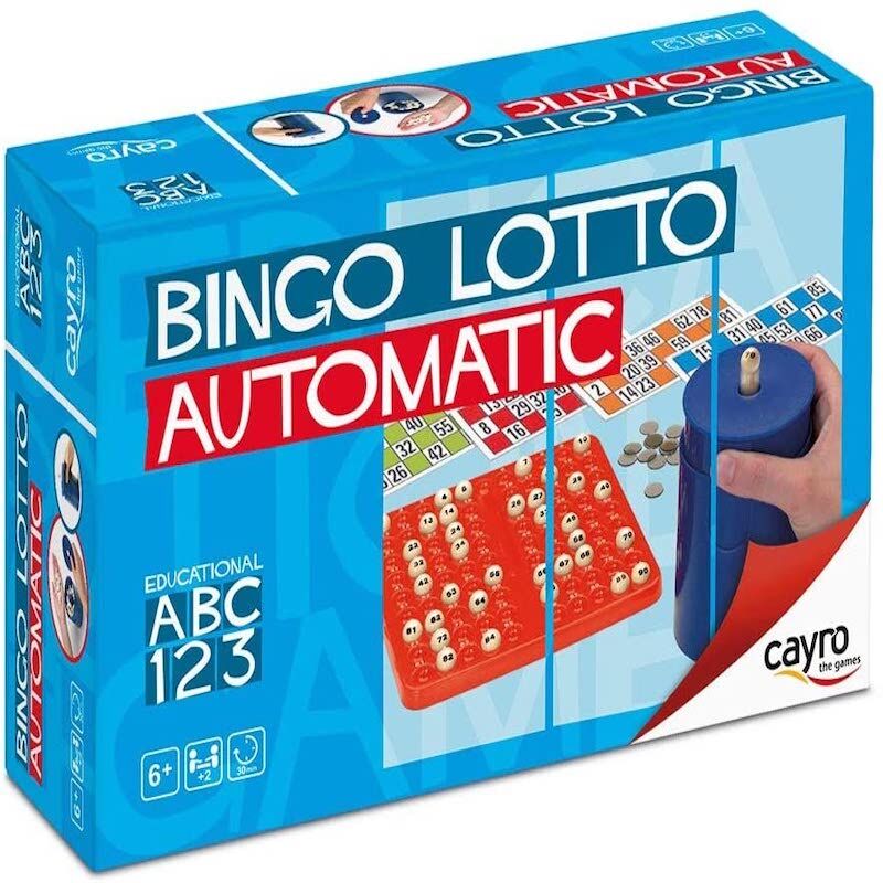Caja del Bingo Lotto Automático CAYRO con dispensador azul y tablero rojo