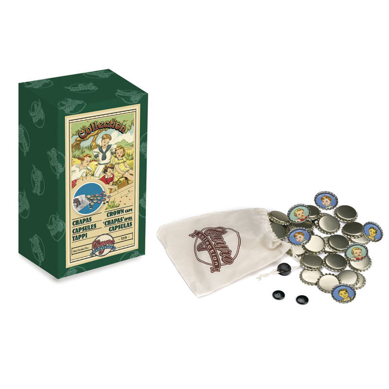 Juego CAYRO Chapas Collection con chapas, bolsa de tela y caja retro