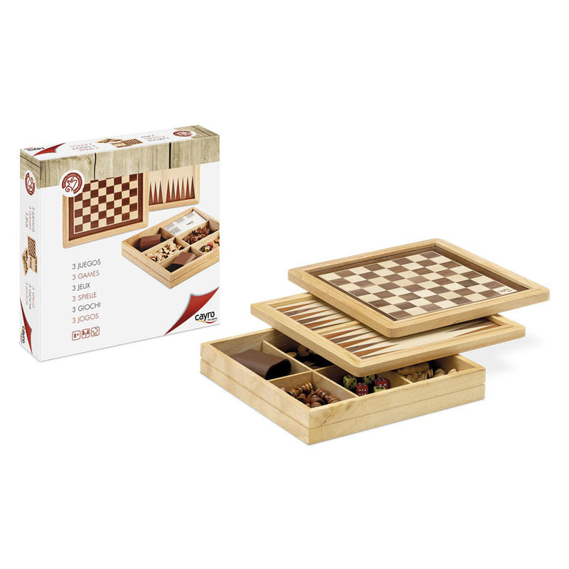 Set CAYRO de ajedrez, damas y backgammon en caja de madera
