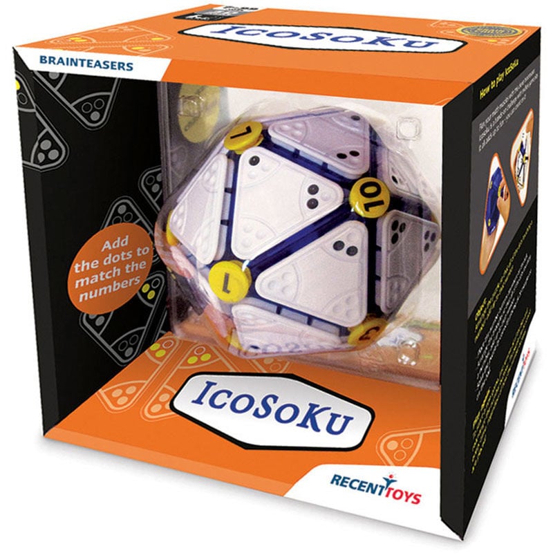 Caja del juego Icosoku con piezas triangulares y botones numerados