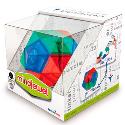 Juego Mindjewel con piezas geométricas de colores y goma elástica