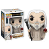 Figura Funko POP! de Saruman con bastón y esfera roja en su caja