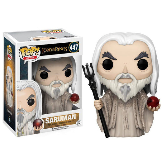 Figura Funko POP! de Saruman con bastón y esfera roja en su caja