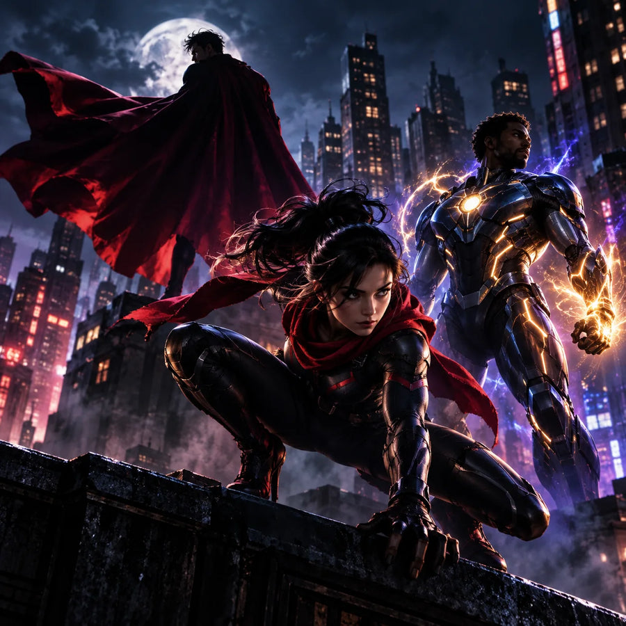 Ilustración de superhéroes en una ciudad nocturna para la colección Marvel.