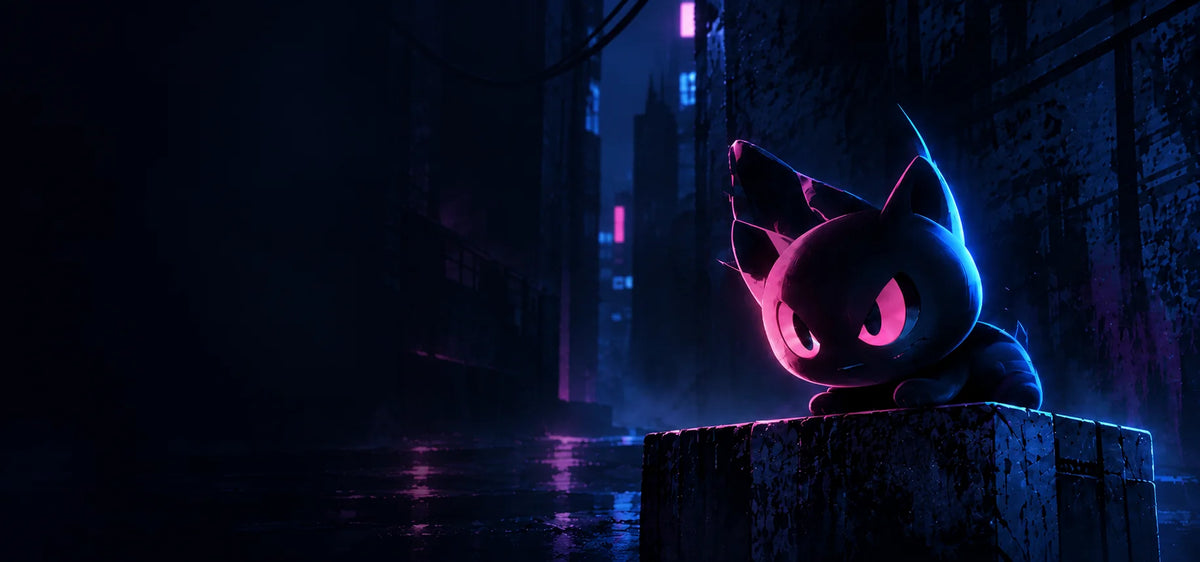Banner de Pokémon con silueta de Mewtwo iluminada en azul, cartas coleccionables y productos Pokémon de BigFanStore.
